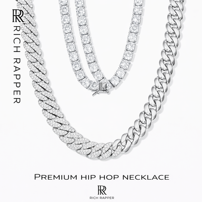 ICED CUBAN-TENNIS SILVER CHAIN  -  (SET of 3)