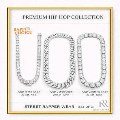 TRIPLE ICED STREET CHAIN - SILVER (SET OF - 3)