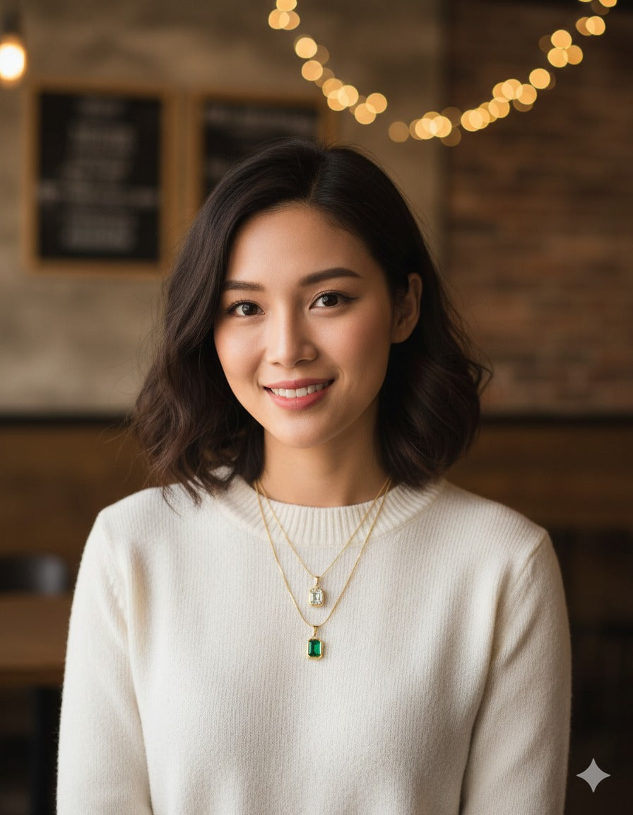 WHITE & GREEN SOLITARE CYRSTAL CHAIN PENDANT