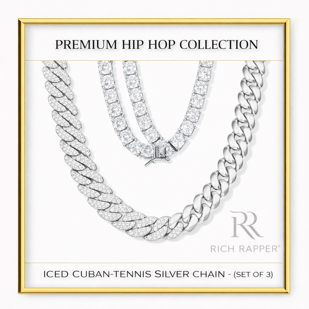 ICED CUBAN-TENNIS SILVER CHAIN  -  (SET of 3)