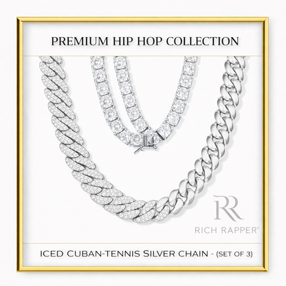 ICED CUBAN-TENNIS SILVER CHAIN  -  (SET of 3)
