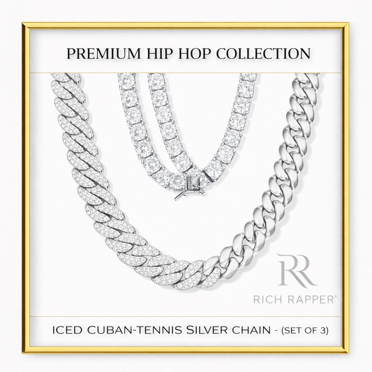 ICED CUBAN-TENNIS SILVER CHAIN  -  (SET of 3)